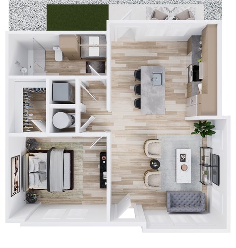 Floor plan for 1 bed, 1 bath, 739 sqft